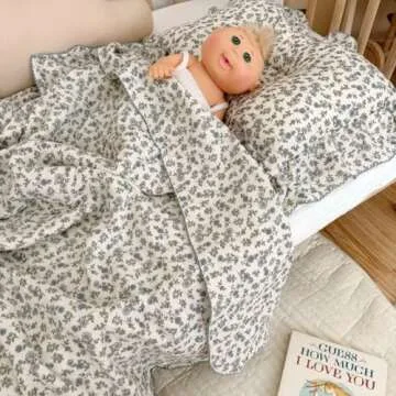 BuLuTu 100% Cotton Muslin Toddler Blanket for Girls Boys Soft Baby Blanket with Shabby Chic Blue Floral Crib Blanket Lightweight Toddler Quilt Toddler Bed Blanket, 1 pc, 47"x51"