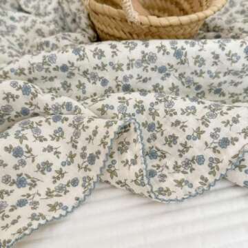 BuLuTu 100% Cotton Muslin Toddler Blanket for Girls Boys Soft Baby Blanket with Shabby Chic Blue Floral Crib Blanket Lightweight Toddler Quilt Toddler Bed Blanket, 1 pc, 47"x51"