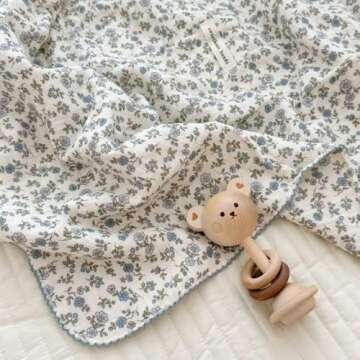 BuLuTu 100% Cotton Muslin Toddler Blanket for Girls Boys Soft Baby Blanket with Shabby Chic Blue Floral Crib Blanket Lightweight Toddler Quilt Toddler Bed Blanket, 1 pc, 47"x51"