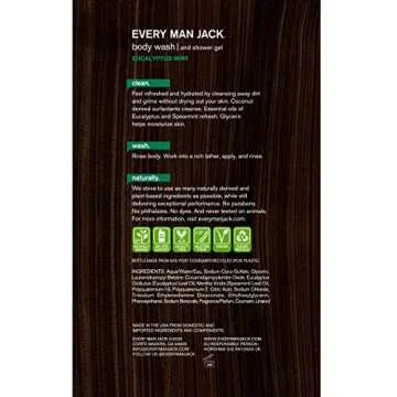 Every Man Jack Eucalyptus Mint Mens Body Wash for All Skin Types - Cleanse, Nourish, and Hydrate Skin with Naturally Derived Ingredients - Paraben Free, Phthalate Free, Dye Free - 33.8oz - 2pack