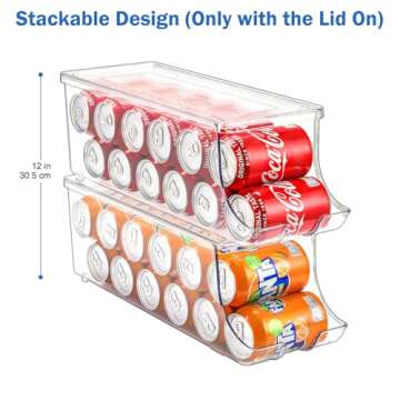 Puricon 2 Pack Soda Can Organizer Dispenser for Refrigerator, Clear Plastic Canned Food Pop Beverage Container Holder Storage Bin with Lid for Freezer Rack Pantry Cabinet Cupboard Kitchen -Standard