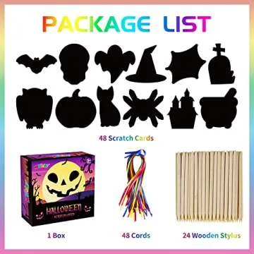 MGparty Scratch Paper Craft for Kids - 48 Pcs Halloween Magic Rainbow Scratch Paper Off Cards Set for Kids Crafts Arts Supplies Halloween Ornaments Party Games Halloween Birthday Gifts