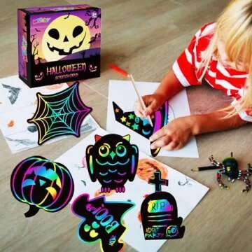 MGparty Scratch Paper Craft for Kids - 48 Pcs Halloween Magic Rainbow Scratch Paper Off Cards Set for Kids Crafts Arts Supplies Halloween Ornaments Party Games Halloween Birthday Gifts