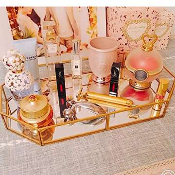 Mirror Gold Rectangle Makeup Decorative Tray, Metal Jewelry Organizer for Vanity, Bathroom, Dressing Table (Large)