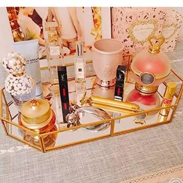 Mirror Gold Rectangle Makeup Decorative Tray, Metal Jewelry Organizer for Vanity, Bathroom, Dressing Table (Large)