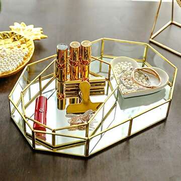 Mirror Gold Rectangle Makeup Decorative Tray, Metal Jewelry Organizer for Vanity, Bathroom, Dressing Table (Large)