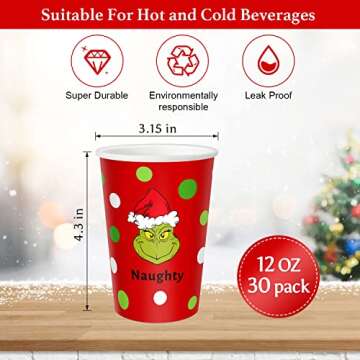 HIPOPEN Christmas Disposable Cups 12 oz, Red Paper Cups for Adult Kids Xmas Party Cups for Both Hot and Cold Beverages, Polka Dots Cups Christmas Holiday Party Supplies 30 PCS