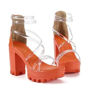 Aniywn Women's Chunky Heel Platform High Heels Shoes Sandals Clear Strappy Open Peep Toe Sandal