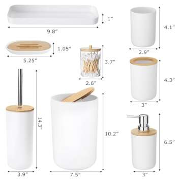 SLDIYWOW 9 Pieces Bathroom Accessory Set, White Bathroom Accessories Set with Trash Can, Tray, Soap Dispenser, Toothbrush Holder, Toothbrush Cup, Soap Dish, Toilet Brush and Q-tip Holders for Bathroom
