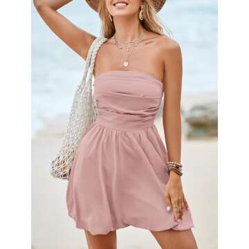Wenrine Women's Sexy Strapless Summer Mini Dress Sleeveless Smocked A Lined Bubble Wedding Club Party Dress Pink