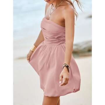 Wenrine Women's Sexy Strapless Summer Mini Dress Sleeveless Smocked A Lined Bubble Wedding Club Party Dress Pink