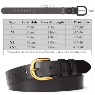 WHIPPY Women Casual Genuine Leather Belt for Jeans, Wide Ladies Waist Belt with Golden Buckle 1.26 Inches Width Strap (Suit Pant Size 24-28 Inches, Black)