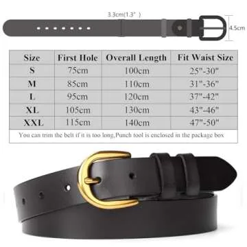 WHIPPY Women Casual Genuine Leather Belt for Jeans, Wide Ladies Waist Belt with Golden Buckle 1.26 Inches Width Strap (Suit Pant Size 24-28 Inches, Black)