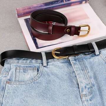 WHIPPY Women Casual Genuine Leather Belt for Jeans, Wide Ladies Waist Belt with Golden Buckle 1.26 Inches Width Strap (Suit Pant Size 24-28 Inches, Black)