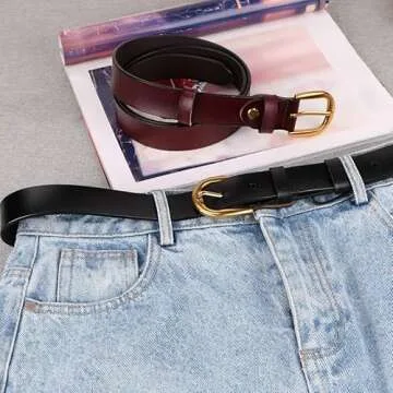 WHIPPY Women Casual Genuine Leather Belt for Jeans, Wide Ladies Waist Belt with Golden Buckle 1.26 Inches Width Strap (Suit Pant Size 24-28 Inches, Black)