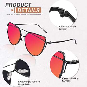 GQUEEN Cat Eye Mirrored Flat Lens Street Fashion Metal Frame Polarized Sunglasses for Women,Black Purple