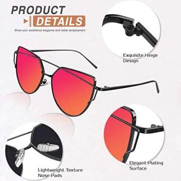 GQUEEN Cat Eye Mirrored Flat Lens Street Fashion Metal Frame Polarized Sunglasses for Women,Black Purple