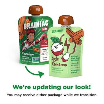 Brainiac Applesauce Pouches with Omega-3s, Apple Cinnamon, 20 Count, 3.2 oz. – Unsweetened Applesa...