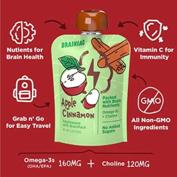 Brainiac Applesauce Pouches with Omega-3s, Apple Cinnamon, 20 Count, 3.2 oz. – Unsweetened Applesauce with Immune Boosting Vitamin C, Omega-3s and Choline – Healthy Snacks for Kids for School, On-the-Go