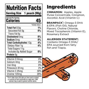 Brainiac Applesauce Pouches with Omega-3s, Apple Cinnamon, 20 Count, 3.2 oz. – Unsweetened Applesauce with Immune Boosting Vitamin C, Omega-3s and Choline – Healthy Snacks for Kids for School, On-the-Go