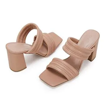 Ermonn Womens Chunky Block Heeled Sandals Two Strap High Heels Nude Square Open Toe Slip On Backless Slide Summer Mules 5