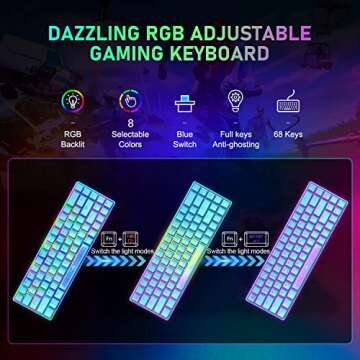 60% RGB Mechanical Gaming Keyboard and Mouse,68 Keys,Blue Switches,Detachable Type-C Cable,TKL Keyboard with Two Magic-refiner Keycaps,Lightweight RGB 6400DPI Honeycomb Gaming Mouse,Mouse pad (Blue)