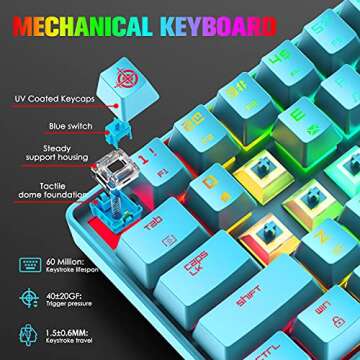 60% RGB Mechanical Gaming Keyboard and Mouse,68 Keys,Blue Switches,Detachable Type-C Cable,TKL Keyboard with Two Magic-refiner Keycaps,Lightweight RGB 6400DPI Honeycomb Gaming Mouse,Mouse pad (Blue)