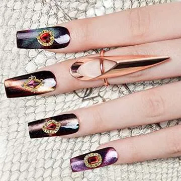 Fake Hand Cosplay Thing Props Luxury Nail Art Gems Hearts Drop Nail Rhinestones Charms Gothic Home Decor for Fans Collector (Gold)