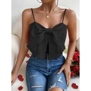 SHENHE Women's Bow Front Sleeveless Spaghetti Strap Shirred Cami Tank Crop Tops Black S