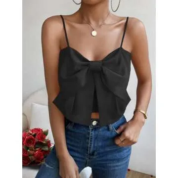 SHENHE Women's Bow Front Sleeveless Spaghetti Strap Shirred Cami Tank Crop Tops Black S