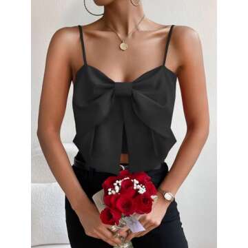 SHENHE Women's Bow Front Sleeveless Spaghetti Strap Shirred Cami Tank Crop Tops Black S