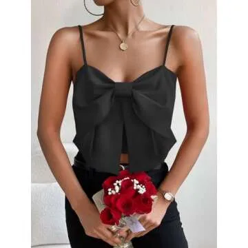 SHENHE Women's Bow Front Sleeveless Spaghetti Strap Shirred Cami Tank Crop Tops Black S