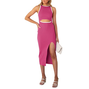 Pink Queen Women's Summer Tank Cutout Side Slit Ribbed Knit Midi Dress
