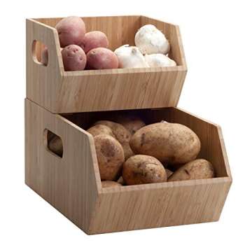 MobileVision Bamboo Storage Bins for Pantry & Kitchen Cabinet Organizer Multi-Purpose 2 PC Stackable Set for Canned Goods, Vegetables, Pouches, Boxed Meals & more