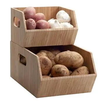 MobileVision Bamboo Storage Bins for Pantry & Kitchen Cabinet Organizer Multi-Purpose 2 PC Stackable Set for Canned Goods, Vegetables, Pouches, Boxed Meals & more