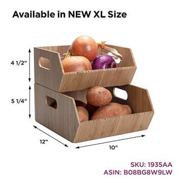 MobileVision Bamboo Storage Bins for Pantry & Kitchen Cabinet Organizer Multi-Purpose 2 PC Stackable Set for Canned Goods, Vegetables, Pouches, Boxed Meals & more