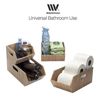 MobileVision Bamboo Storage Bins for Pantry & Kitchen Cabinet Organizer Multi-Purpose 2 PC Stackable Set for Canned Goods, Vegetables, Pouches, Boxed Meals & more