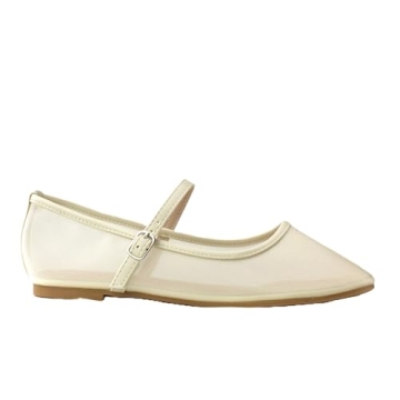 RF ROOM OF FASHION Women's Buckle Strap Mesh Mary Jane Ballet Flats (Ivory, Size 7)