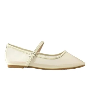 RF ROOM OF FASHION Women's Buckle Strap Mesh Mary Jane Ballet Flats (Ivory, Size 7)