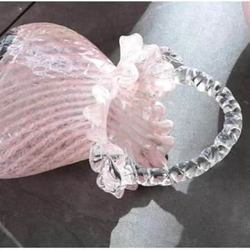 WLGRANJIA Purse Vase for Flowers (Handmade), Glass Bag Vase, Handbag Shape Flower vase, Blown Pink Flower Vase for Basket, Unique Flower Vase with Handles, Decorative for Home Decor, Wedding