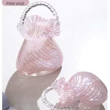 WLGRANJIA Purse Vase for Flowers (Handmade), Glass Bag Vase, Handbag Shape Flower vase, Blown Pink Flower Vase for Basket, Unique Flower Vase with Handles, Decorative for Home Decor, Wedding