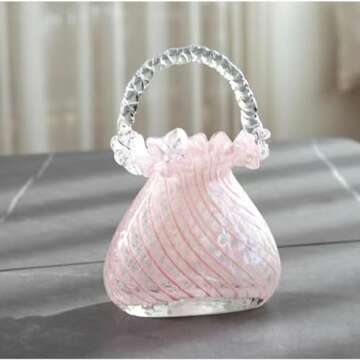 WLGRANJIA Purse Vase for Flowers (Handmade), Glass Bag Vase, Handbag Shape Flower vase, Blown Pink Flower Vase for Basket, Unique Flower Vase with Handles, Decorative for Home Decor, Wedding