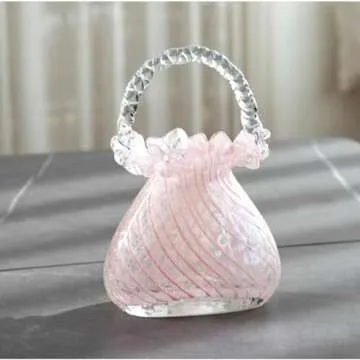 WLGRANJIA Purse Vase for Flowers (Handmade), Glass Bag Vase, Handbag Shape Flower vase, Blown Pink Flower Vase for Basket, Unique Flower Vase with Handles, Decorative for Home Decor, Wedding