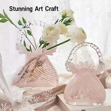 WLGRANJIA Purse Vase for Flowers (Handmade), Glass Bag Vase, Handbag Shape Flower vase, Blown Pink Flower Vase for Basket, Unique Flower Vase with Handles, Decorative for Home Decor, Wedding