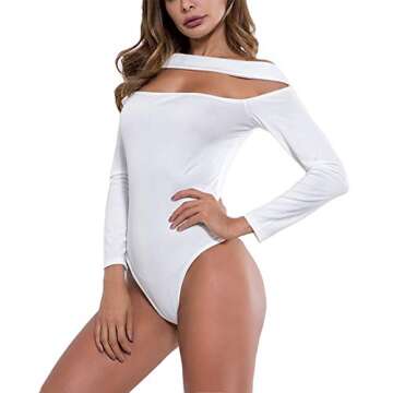 Antopmen Women's Sexy Off Shoulder V Neck Short Sleeve Soild Color Slim Wrap Bodysuit Tops (Small, Hollow Out White)