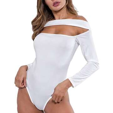 Antopmen Women's Sexy Off Shoulder V Neck Short Sleeve Soild Color Slim Wrap Bodysuit Tops (Small, Hollow Out White)