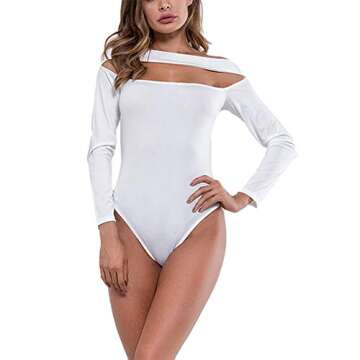 Antopmen Women's Sexy Off Shoulder V Neck Short Sleeve Soild Color Slim Wrap Bodysuit Tops (Small, Hollow Out White)