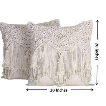 Folkulture Throw Pillow Covers 20X20, Macrame Decorative Pillow Covers for Bedroom Décor, Bohemian Pillow Covers for Bed, Couch or Sofa, Set of 2 with Tassels, Natural Off-White