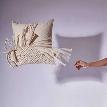 Folkulture Throw Pillow Covers 20X20, Macrame Decorative Pillow Covers for Bedroom Décor, Bohemian Pillow Covers for Bed, Couch or Sofa, Set of 2 with Tassels, Natural Off-White