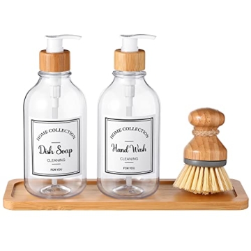 Zopeal 4 Pcs Kitchen Soap Dispenser Set 16 oz Dish Soap Dispenser with Bamboo Tray and Dish Brush Pl...